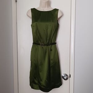 Ann Taylor Petites 2P Green Silk Sheath Dress - Belted, Sleeveless, New